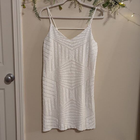 Aqua White Sequin Strappy Open Back Dress - Picture 1 of 7